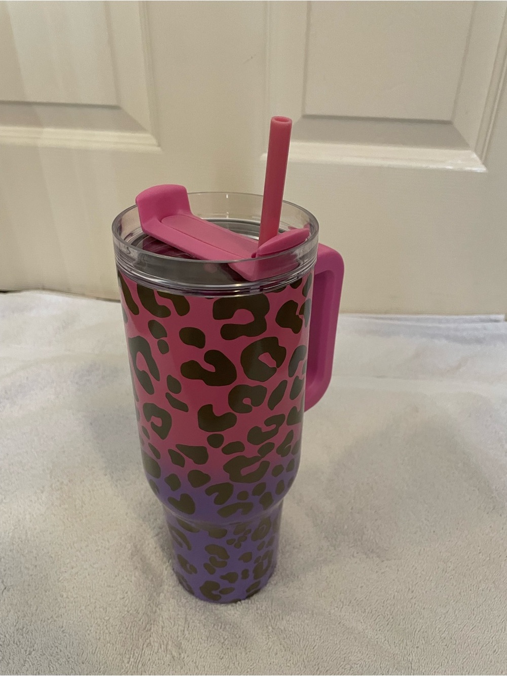 Pink & Purple Leopard Print Travel Tumbler with Handle and Straw